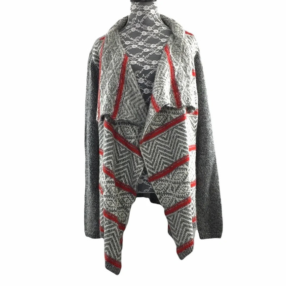 American Eagle Cardigan Sweater Gray Red Aztec Striped‎ - Picture 1 of 11